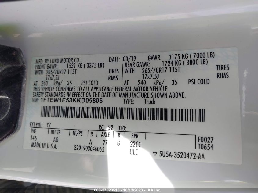 2019 FORD F-150 XL/XLT/LARIAT - 1FTEW1E53KKD05806
