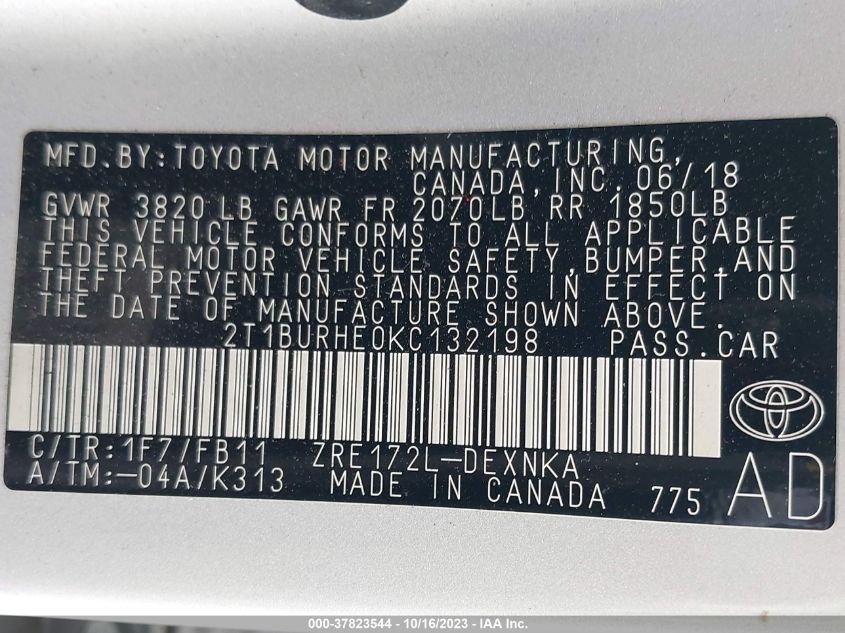 2019 TOYOTA COROLLA L/LE/XLE/SE/XSE - 2T1BURHE0KC132198