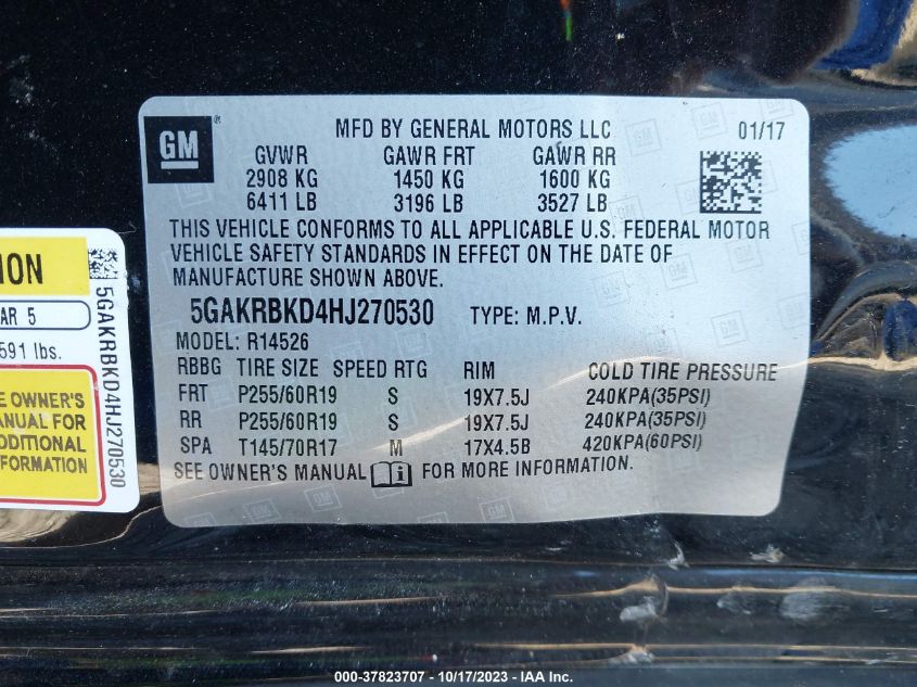 VIN 5GAKRBKD4HJ270530 2017 BUICK ENCLAVE