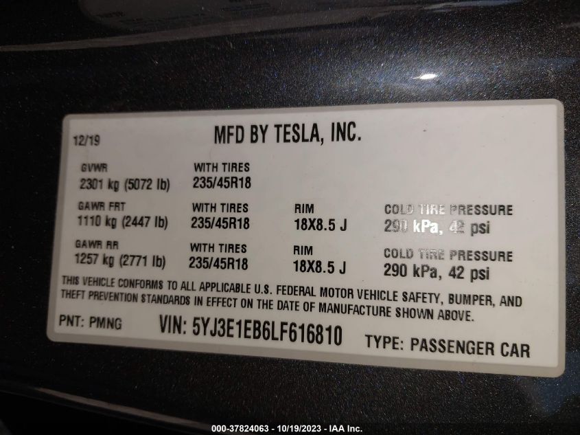 2020 TESLA MODEL 3 LONG RANGE - 5YJ3E1EB6LF616810