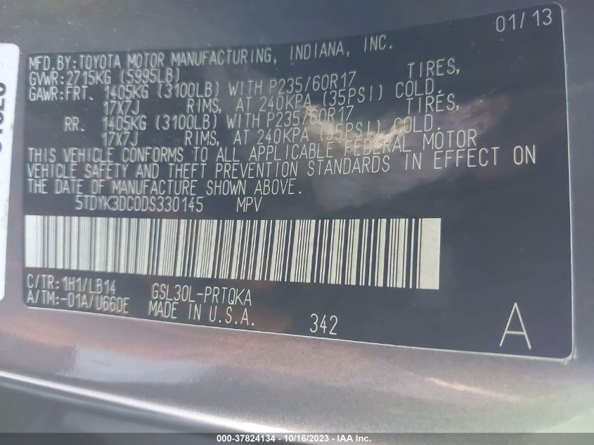 2013 TOYOTA SIENNA XLE/LIMITED - 5TDYK3DC0DS330145