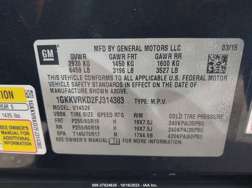 2015 GMC ACADIA SLT - 1GKKVRKD2FJ314383