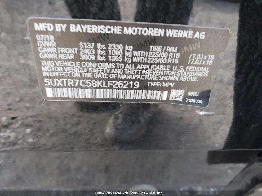 5UXTR7C58KLF26219 2019 BMW X3, photo no. 9