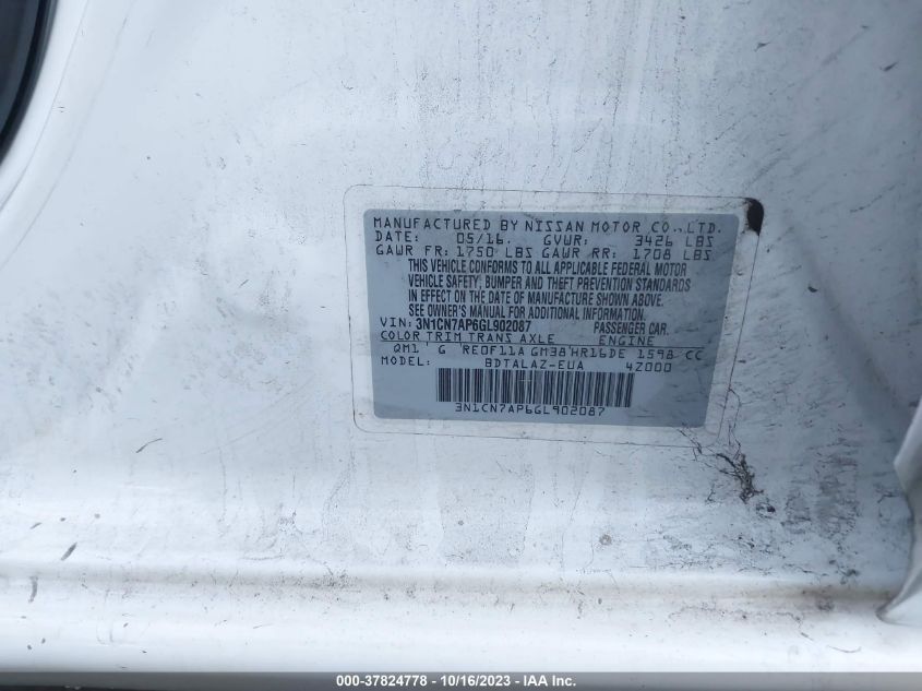2016 NISSAN VERSA S PLUS - 3N1CN7AP6GL902087