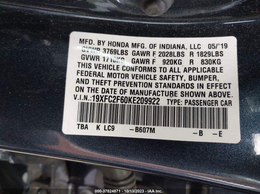 19XFC2F60KE209922 Honda Civic Sedan LX 9