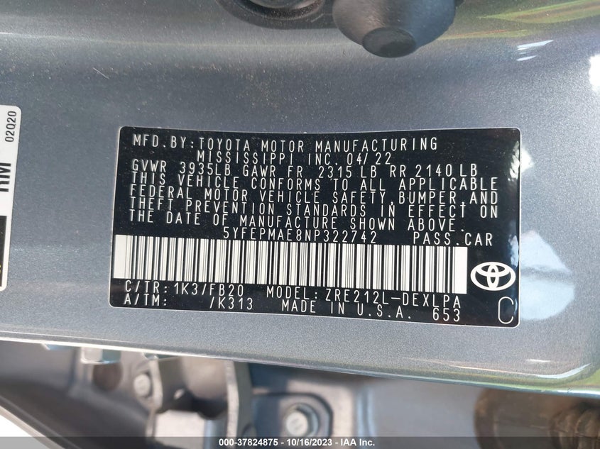 VIN 5YFEPMAE8NP322742 2022 TOYOTA COROLLA LE