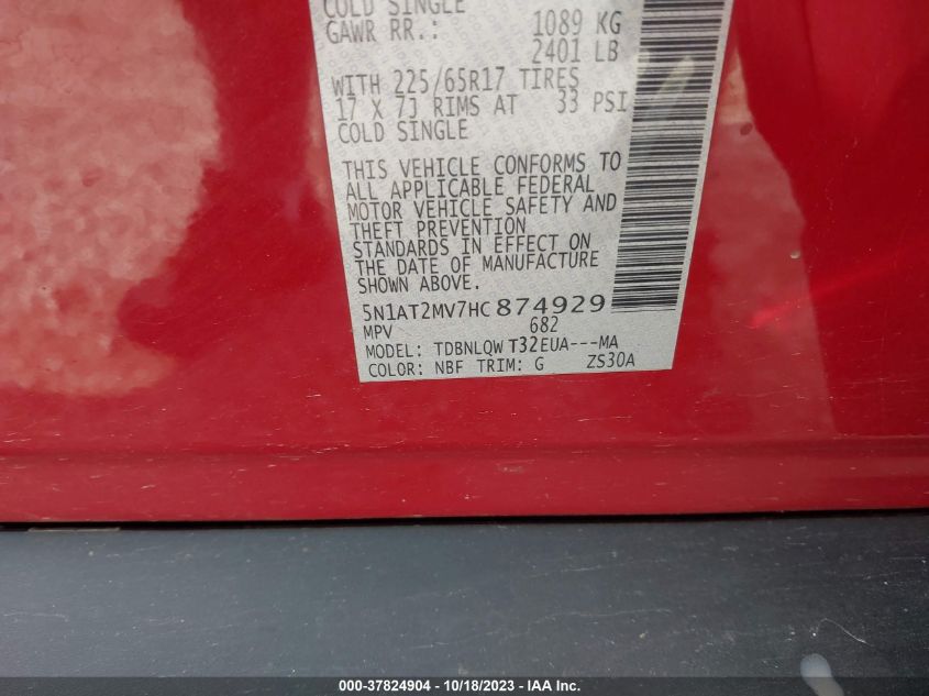 VIN 5N1AT2MV7HC874929 2017 NISSAN ROGUE SV
