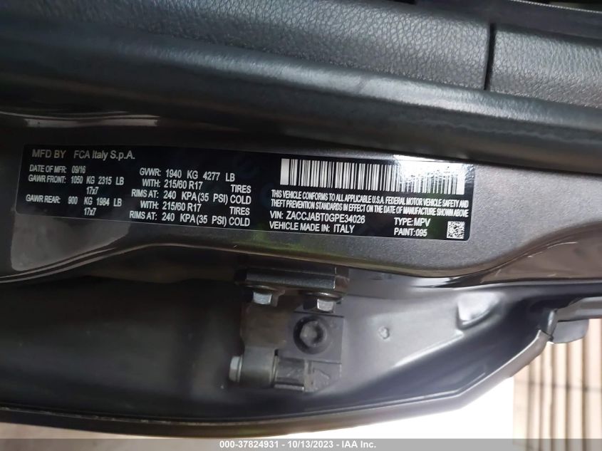 2016 JEEP RENEGADE LATITUDE - ZACCJABT0GPE34026