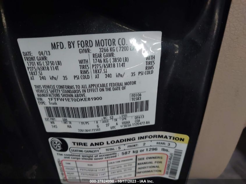 2013 FORD F-150 XL/XLT/FX4/LARIAT - 1FTFW1ET0DKE81900