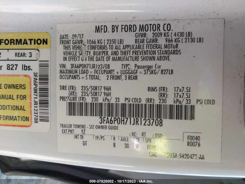 2018 FORD FUSION SE - 3FA6P0H71JR123708