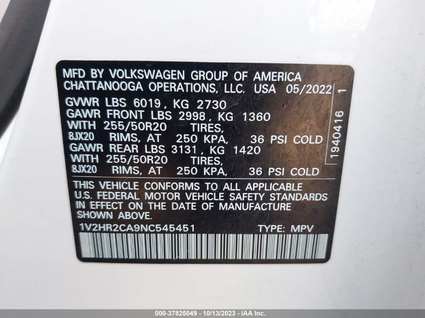 2022 VOLKSWAGEN ATLAS 3.6L V6 SE W/TECHNOLOGY - 1V2HR2CA9NC545451