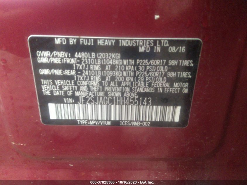 2017 SUBARU FORESTER PREMIUM - JF2SJAGC1HH455143