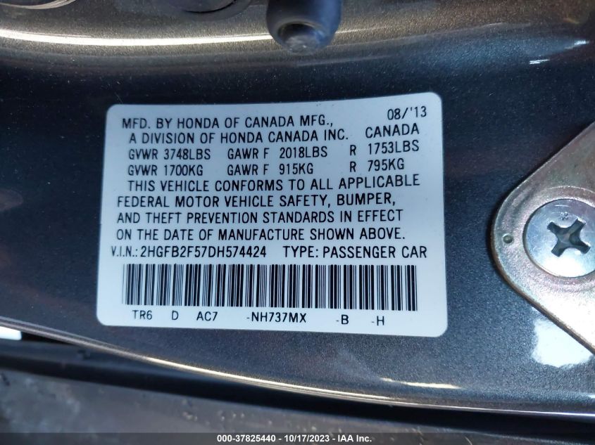 2013 HONDA CIVIC SDN LX 2HGFB2F57DH574424