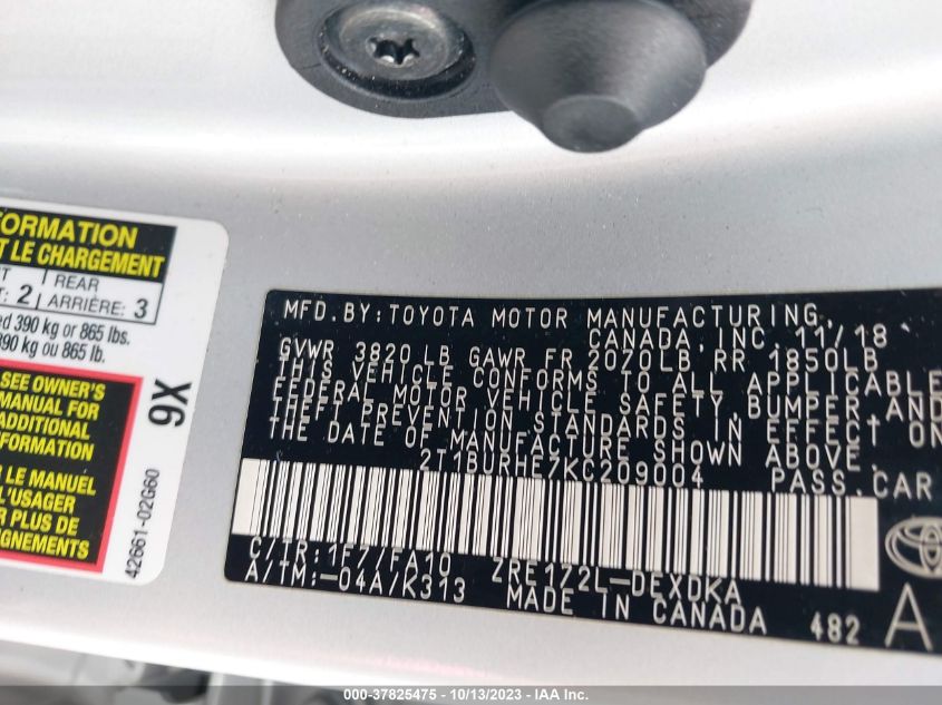 2019 TOYOTA COROLLA L/LE/SE/XLE/XSE - 2T1BURHE7KC209004