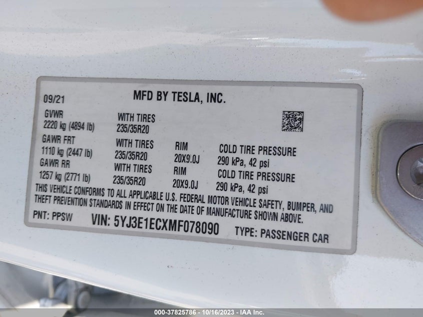 2021 TESLA MODEL 3 DUAL MOTOR FR AC IND(VIN: 5YJ3E1ECXMF078090