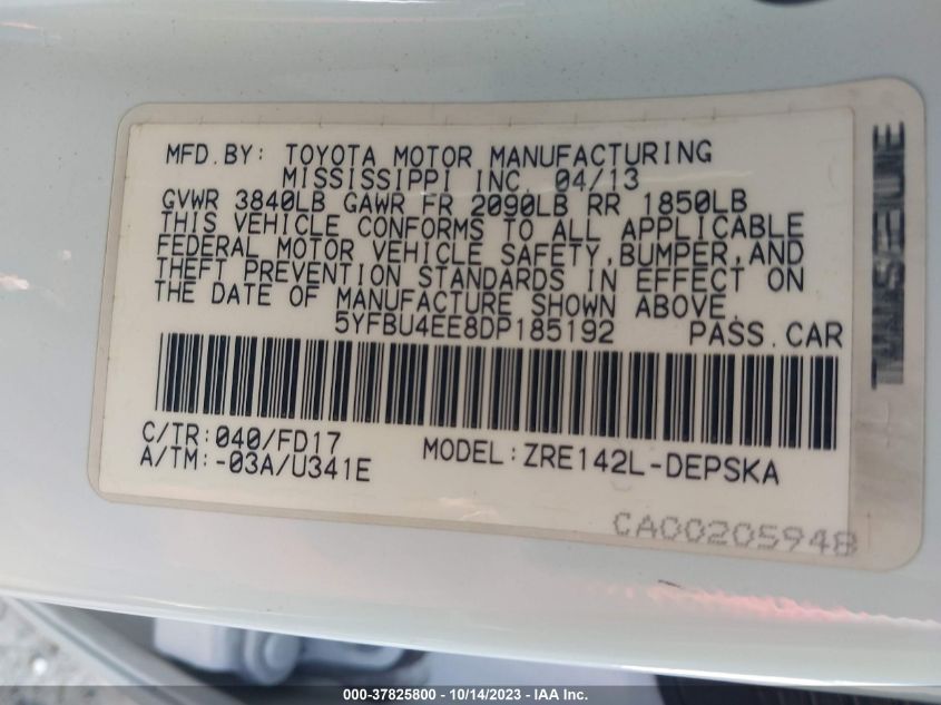 2013 TOYOTA COROLLA L/LE/S - 5YFBU4EE8DP185192