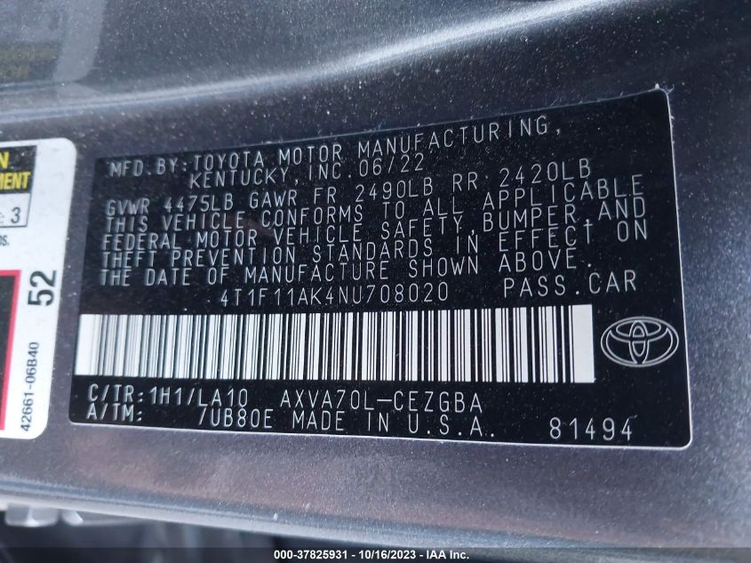 2022 TOYOTA CAMRY XLE - 4T1F11AK4NU708020