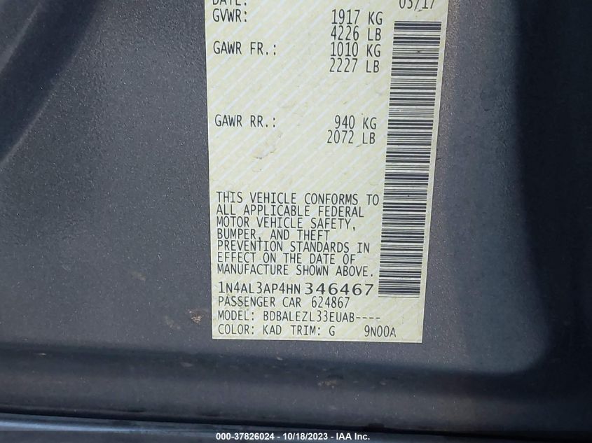 2017 NISSAN ALTIMA 2.5/S/SV/SL/SR - 1N4AL3AP4HN346467