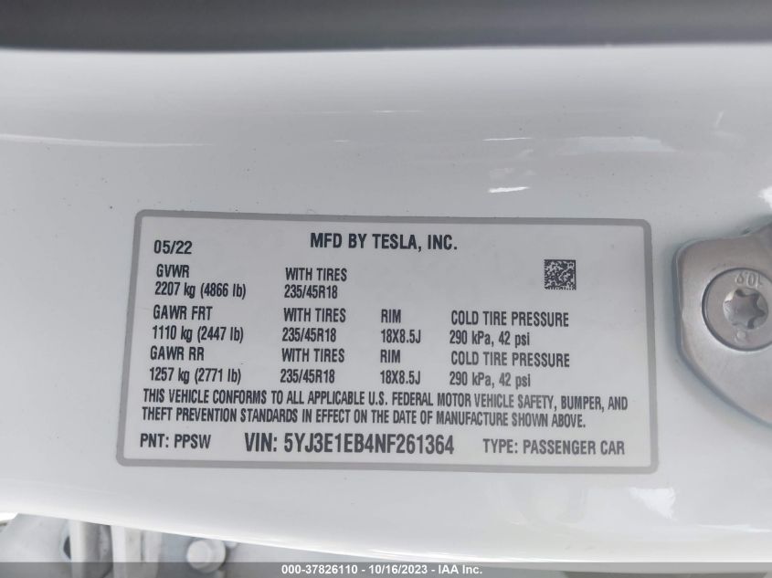 2022 TESLA MODEL 3 LONG RANGE - 5YJ3E1EB4NF261364
