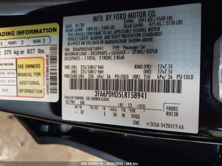 2020 FORD FUSION SE - 3FA6P0HD5LR158941