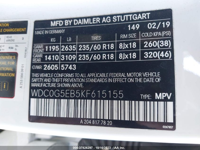 2019 MERCEDES-BENZ GLC 350E WDC0G5EB5KF615155