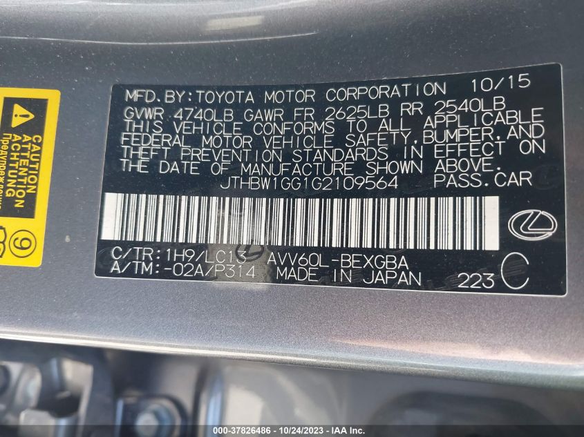 2016 LEXUS ES 300H HYBRID - JTHBW1GG1G2109564