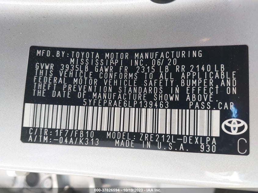 VIN 5YFEPRAE6LP139463 2020 TOYOTA COROLLA LE