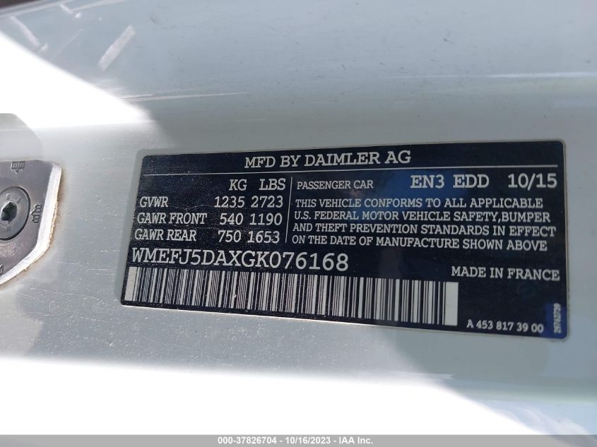 2016 SMART FORTWO PASSION/PRIME/PROXY/PURE WMEFJ5DAXGK076168