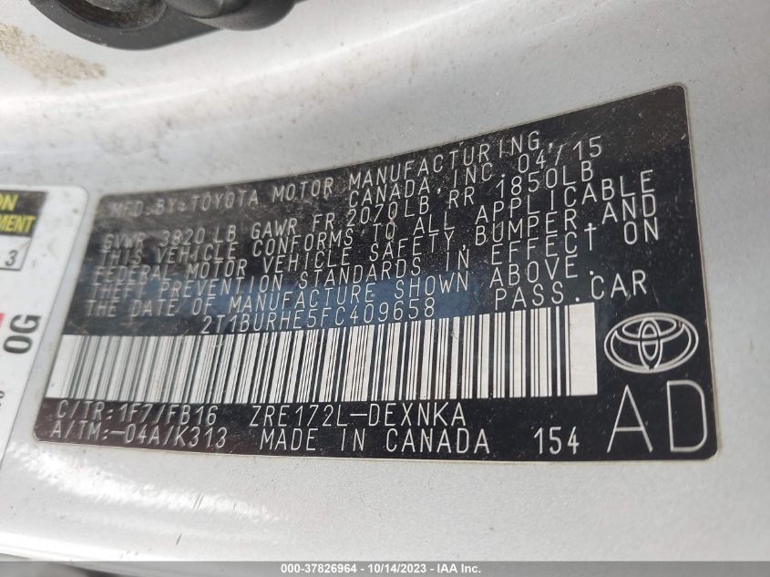 2015 TOYOTA COROLLA L/LE/LE PLS/PRM/S/S PLS - 2T1BURHE5FC409658
