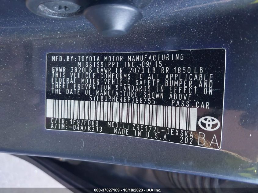 2016 TOYOTA COROLLA L/LE/S/S PLUS/LE PLUS - 5YFBURHE4GP388755