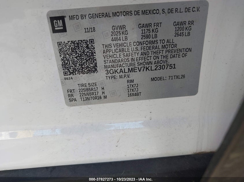 VIN 3GKALMEV7KL230751 2019 GMC TERRAIN SLE