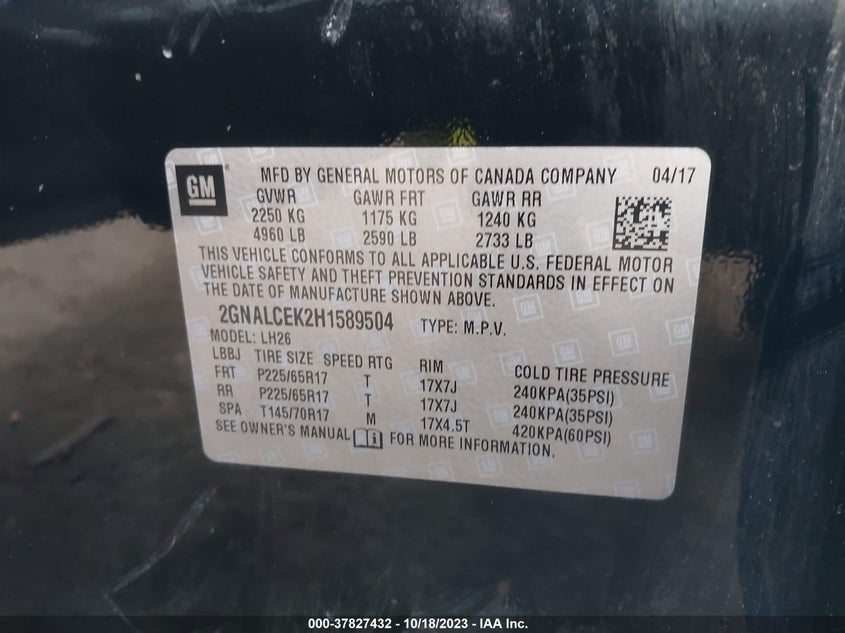 VIN 2GNALCEK2H1589504 2017 CHEVROLET EQUINOX LT
