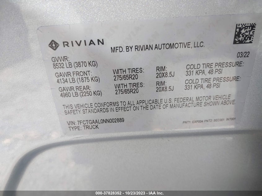 VIN 7FCTGAAL0NN002889 2022 RIVIAN R1T LAUNCH EDITION