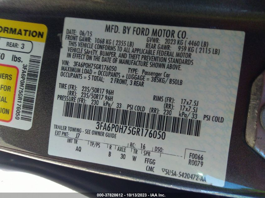 2016 FORD FUSION SE - 3FA6P0H75GR176050