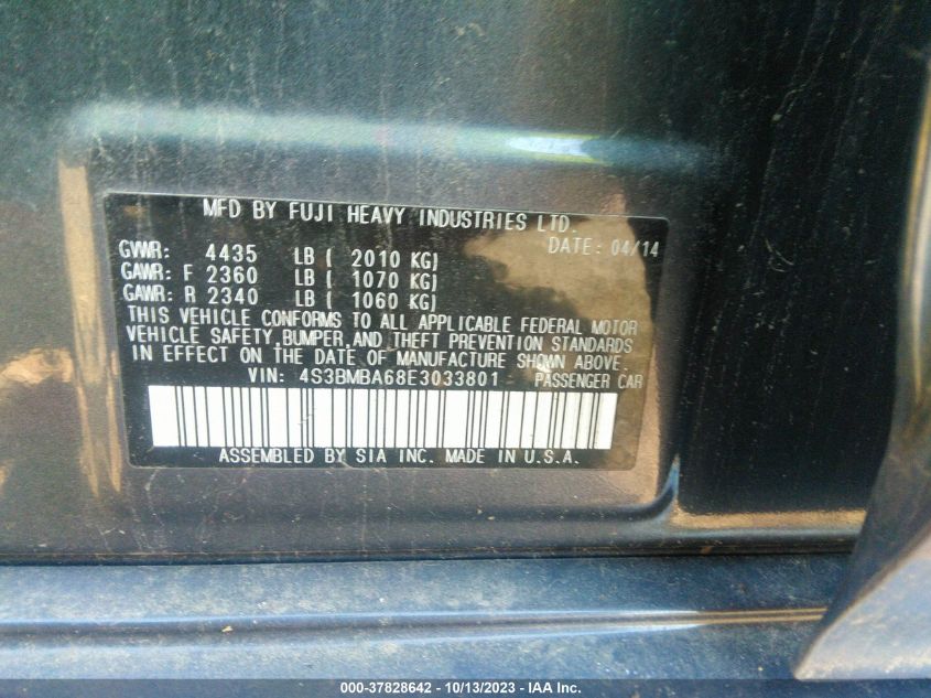 2014 SUBARU LEGACY 2.5I 4S3BMBA68E3033801