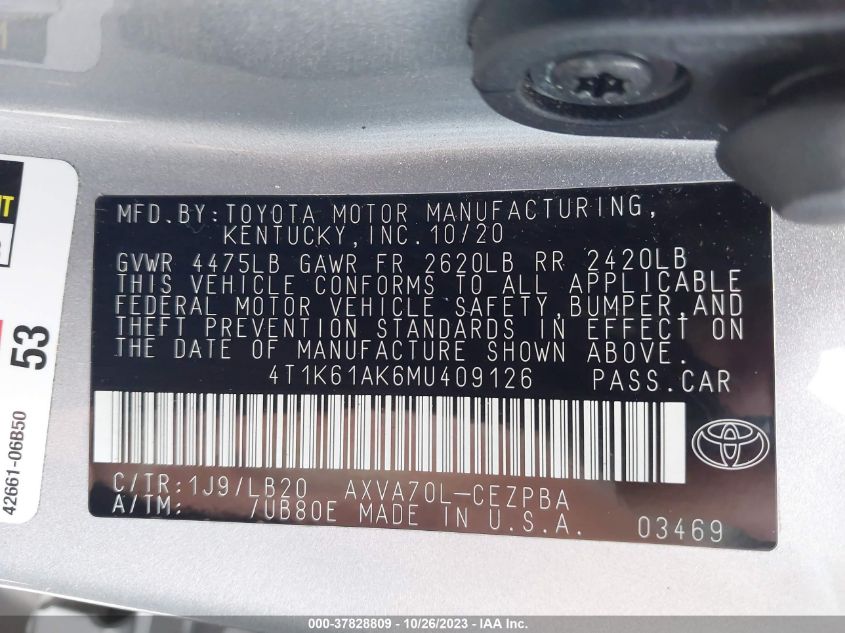 2021 TOYOTA CAMRY XSE - 4T1K61AK6MU409126