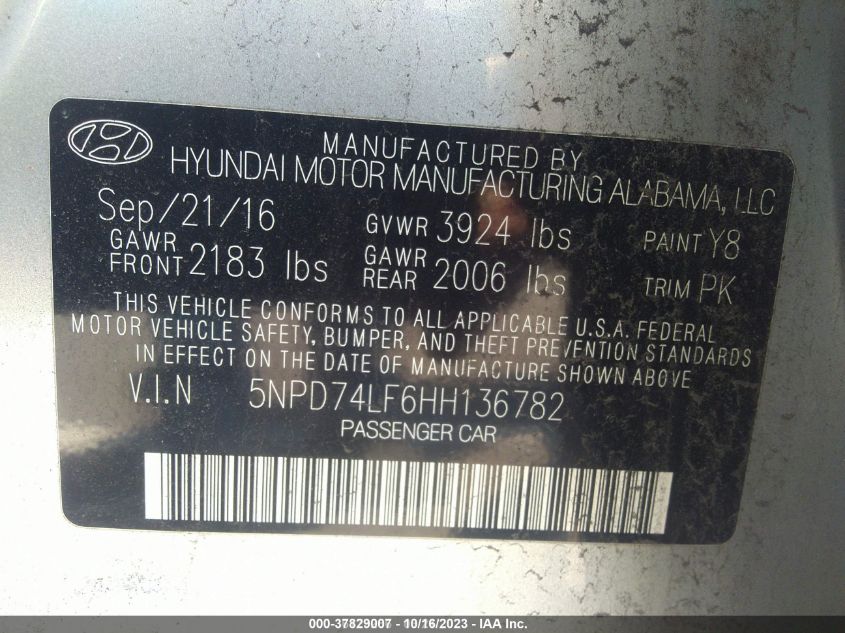 2017 HYUNDAI ELANTRA SE - 5NPD74LF6HH136782