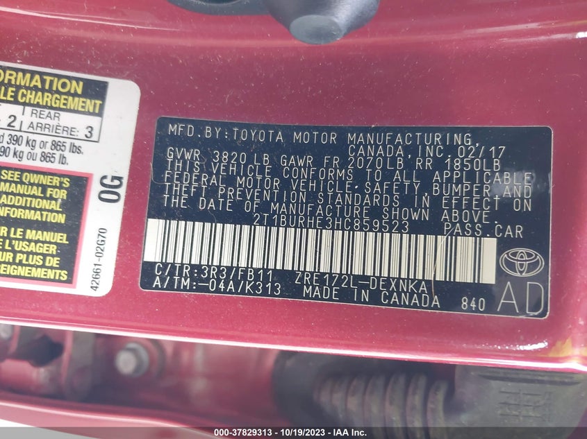 VIN 2T1BURHE3HC859523 2017 TOYOTA COROLLA LE