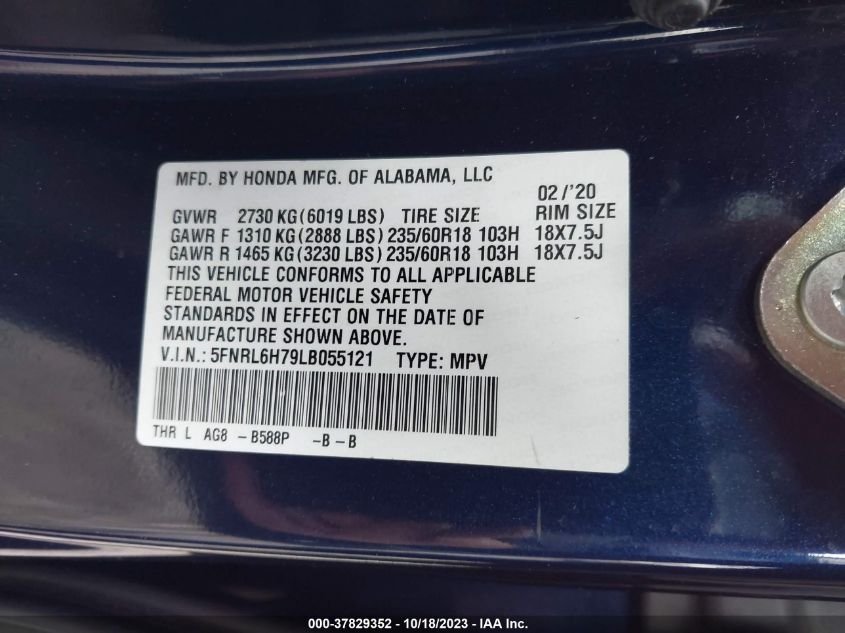 5FNRL6H79LB055121 Honda Odyssey EX-L 9