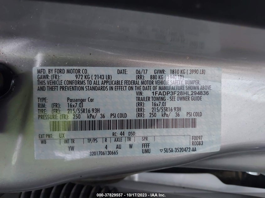 VIN 1FADP3F28HL294836 2017 FORD FOCUS SE