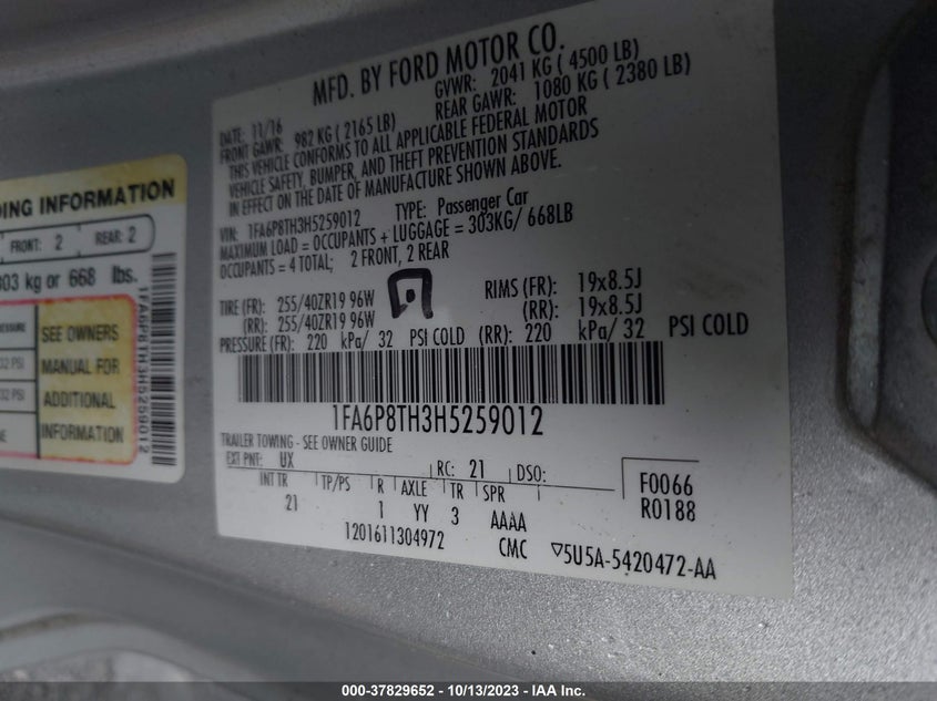 VIN 1FA6P8TH3H5259012 2017 FORD MUSTANG ECOBOOST