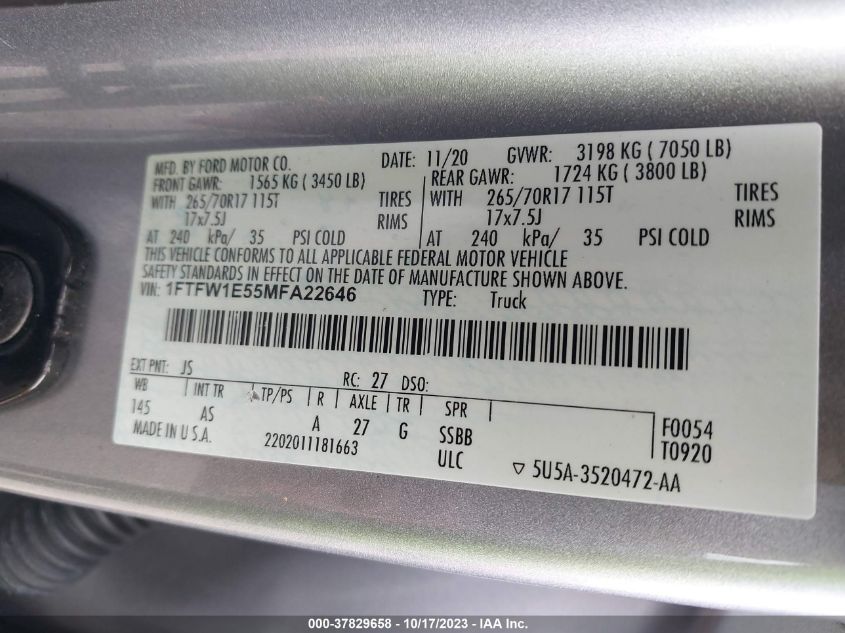 2021 FORD F-150 XL/XLT/LARIAT - 1FTFW1E55MFA22646