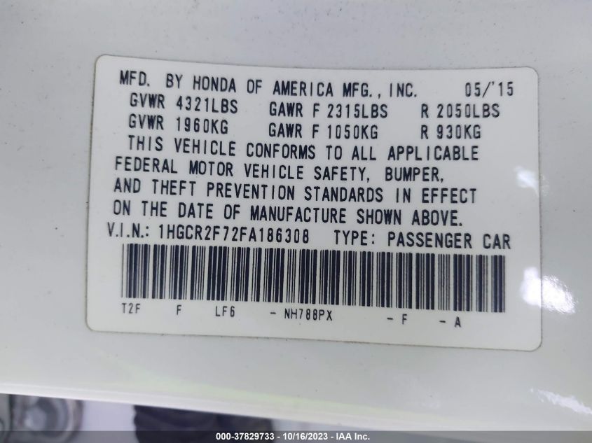 2015 HONDA ACCORD SEDAN EX - 1HGCR2F72FA186308