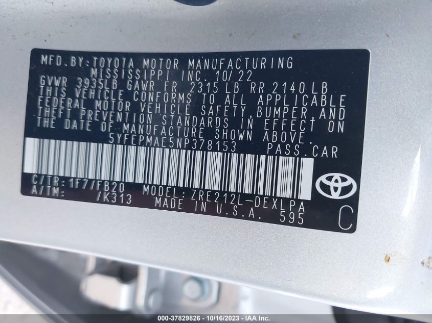 5YFEPMAE5NP378153 Toyota Corolla LE 9