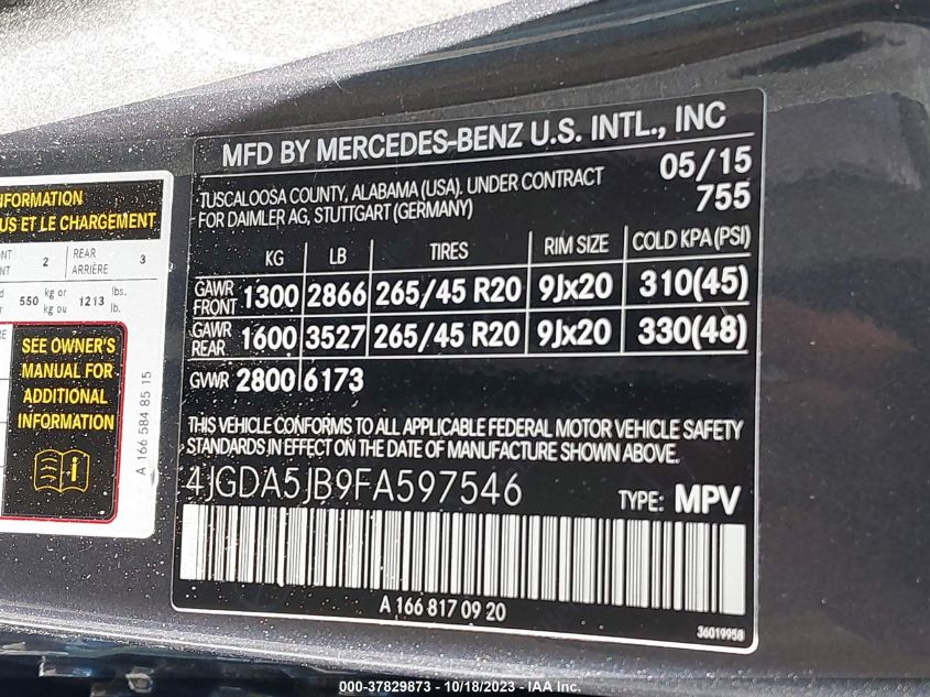 2015 MERCEDES-BENZ M-CLASS ML 350 4JGDA5JB9FA597546