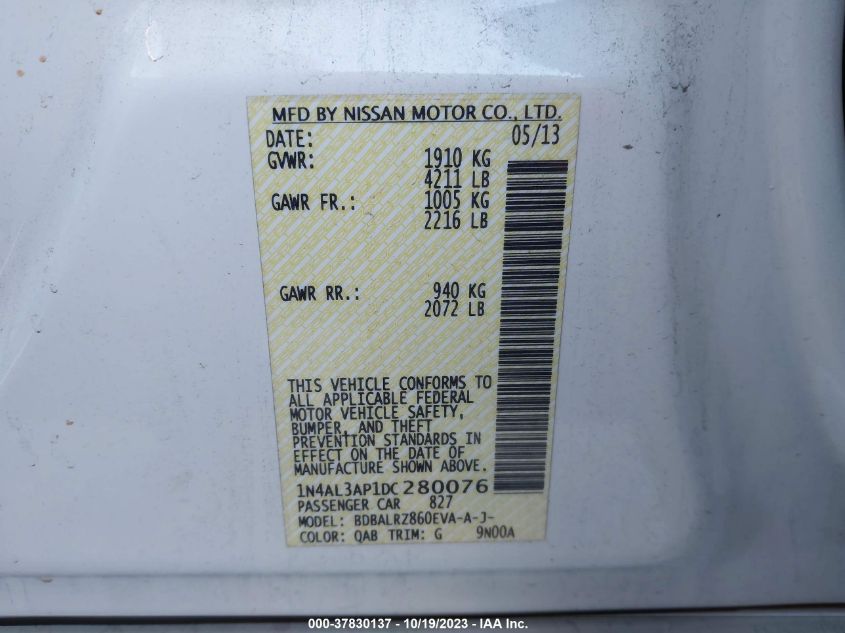 2013 NISSAN ALTIMA 2.5/S/SV/SL - 1N4AL3AP1DC280076