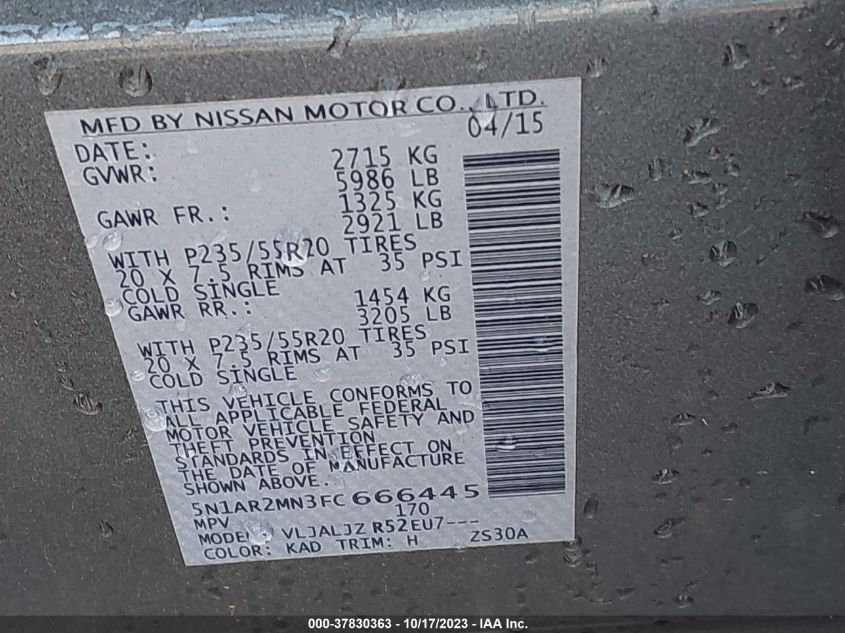 2015 NISSAN PATHFINDER PLATINUM - 5N1AR2MN3FC666445