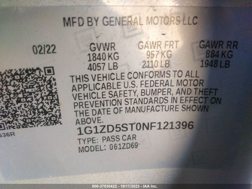 2022 CHEVROLET MALIBU LT - 1G1ZD5ST0NF121396