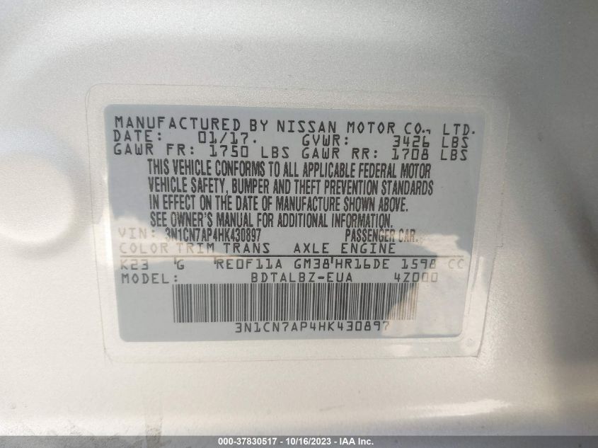 2017 NISSAN VERSA SEDAN SV 3N1CN7AP4HK430897