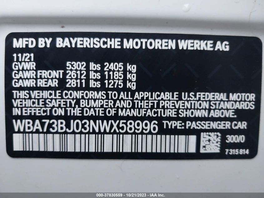2022 BMW 540I XDRIVE WBA73BJ03NWX58996
